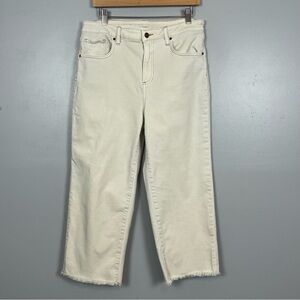 Chico’s ivory High Rise Straight Leg Crop raw hem jeans, size 12.